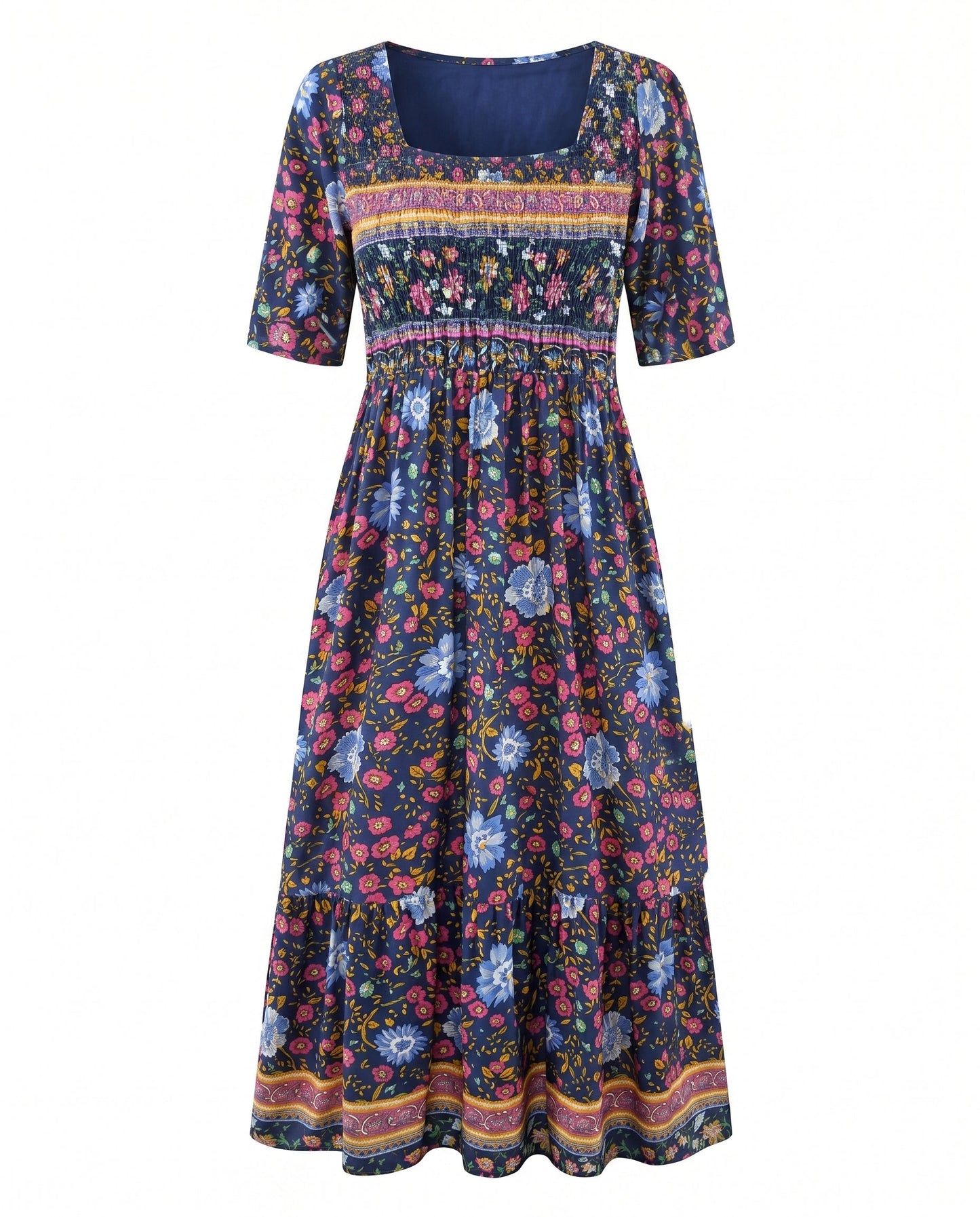 Floral Printed Scoop Smocked Tiered Dress