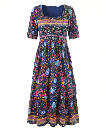 Floral Printed Scoop Smocked Tiered Dress