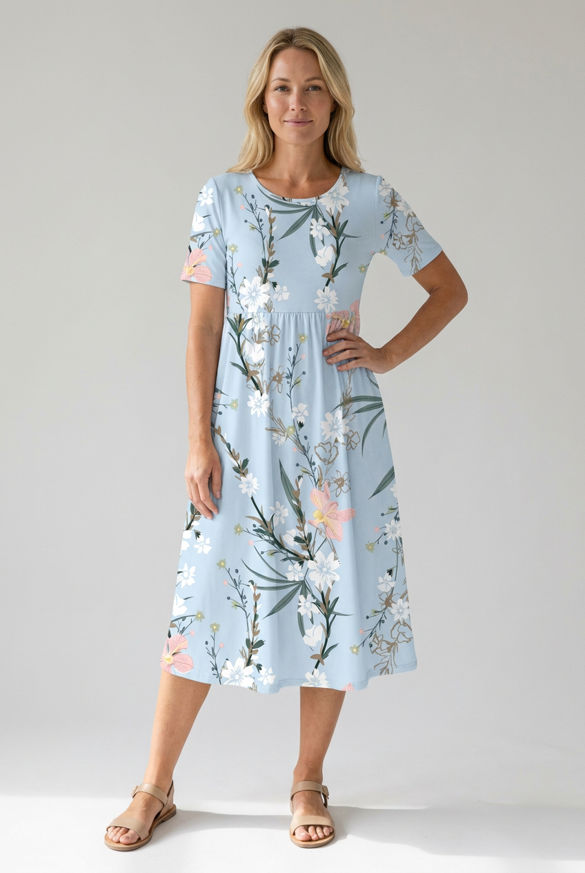 Floral Printed Rounded Gathered Flared Dress