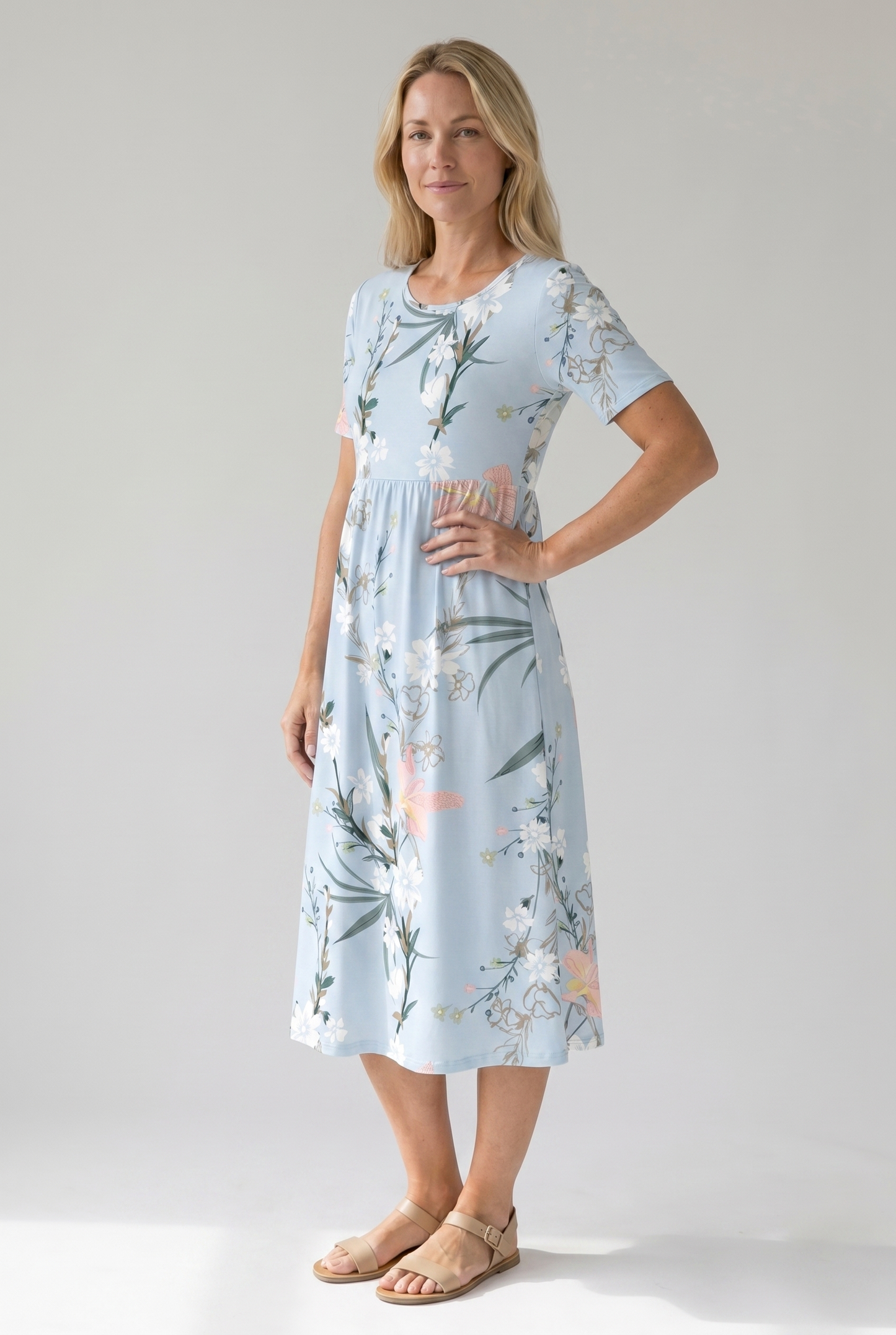 Floral Printed Rounded Gathered Flared Dress