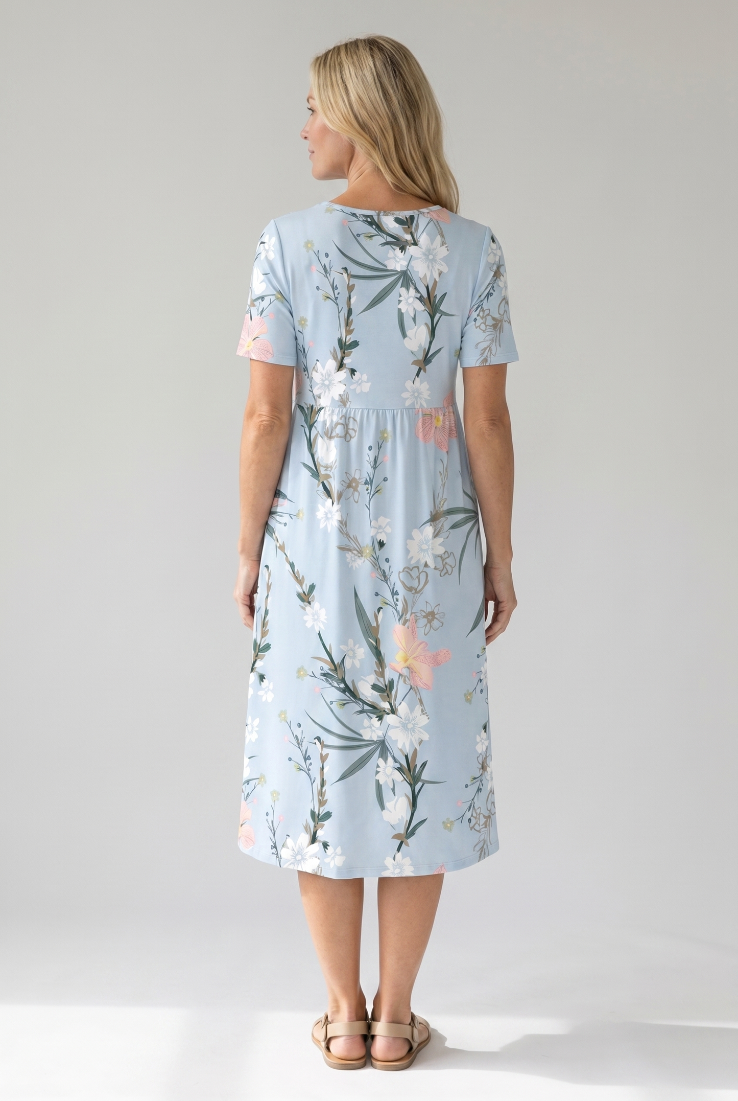 Floral Printed Rounded Gathered Flared Dress