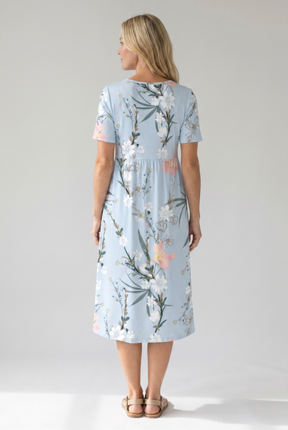 Floral Printed Rounded Gathered Flared Dress