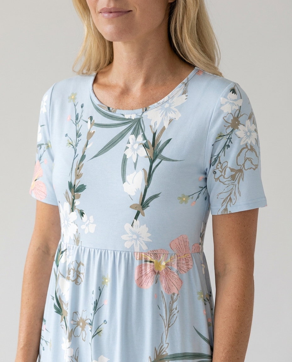 Floral Printed Rounded Gathered Flared Dress