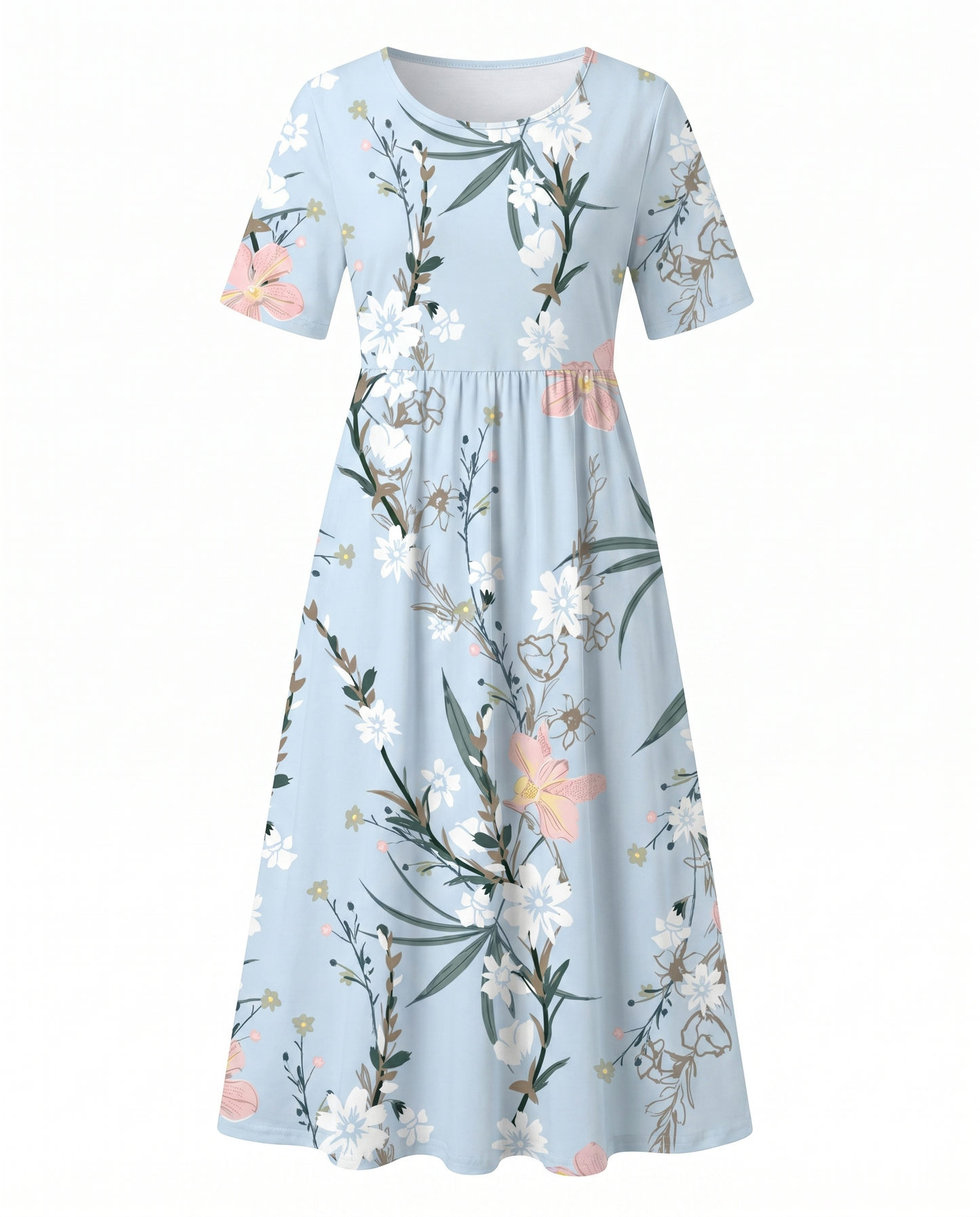 Floral Printed Rounded Gathered Flared Dress