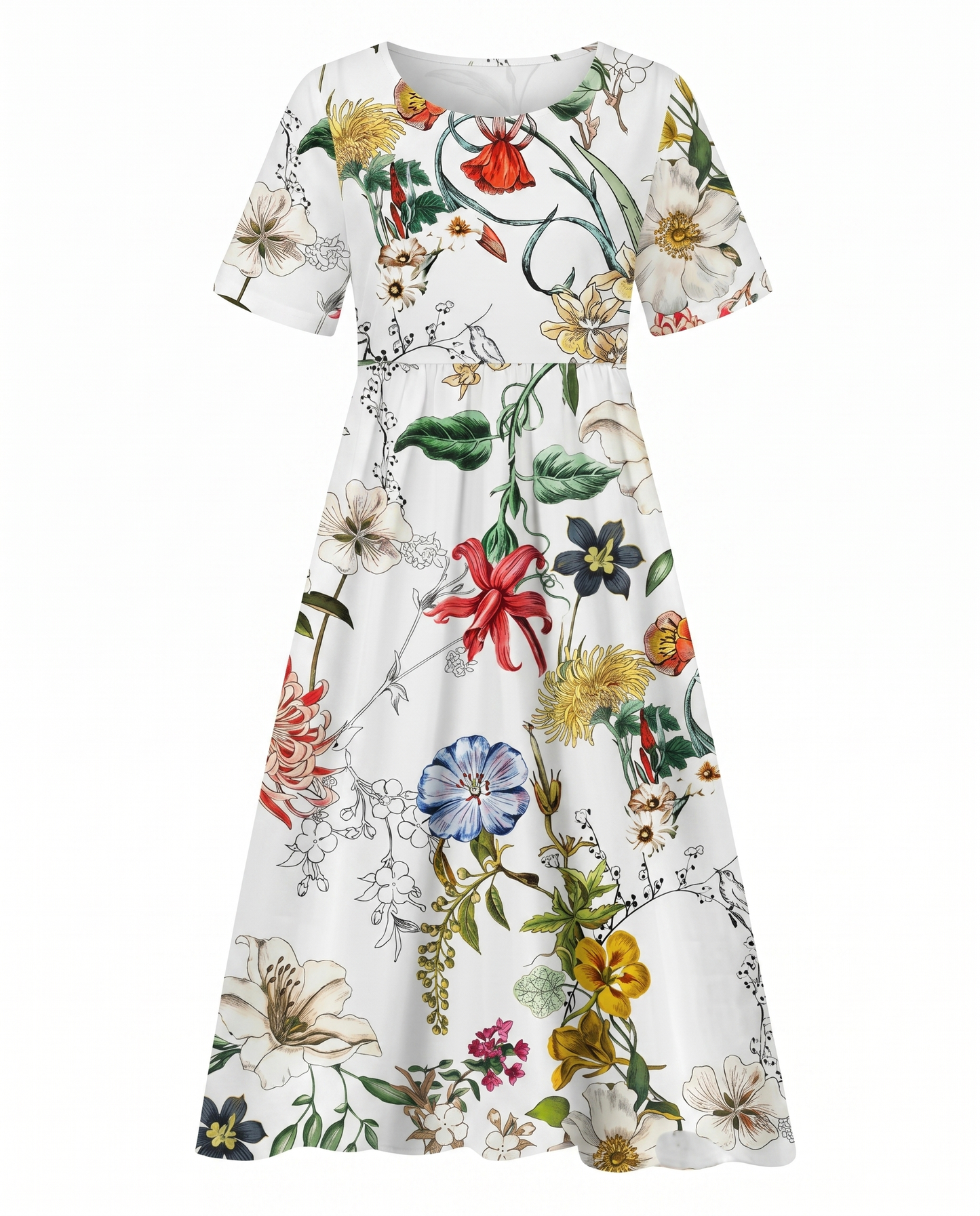 Floral Printed Rounded Gathered Flared Dress