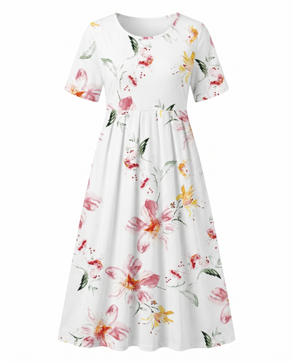 Floral Printed Rounded Gathered Flared Dress