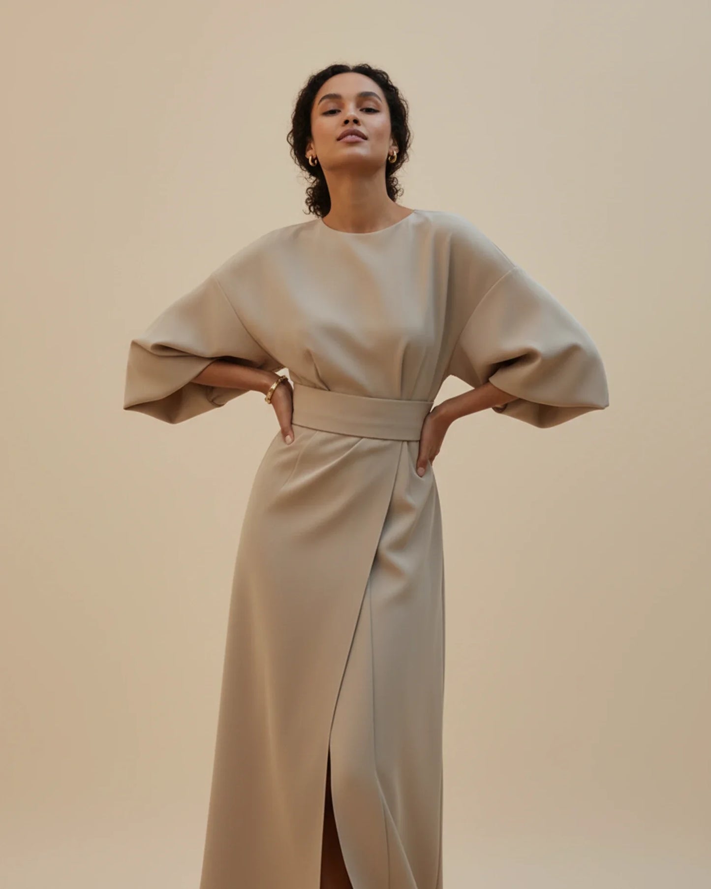 Lantern Sleeves Belted Dress