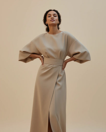 Lantern Sleeves Belted Dress
