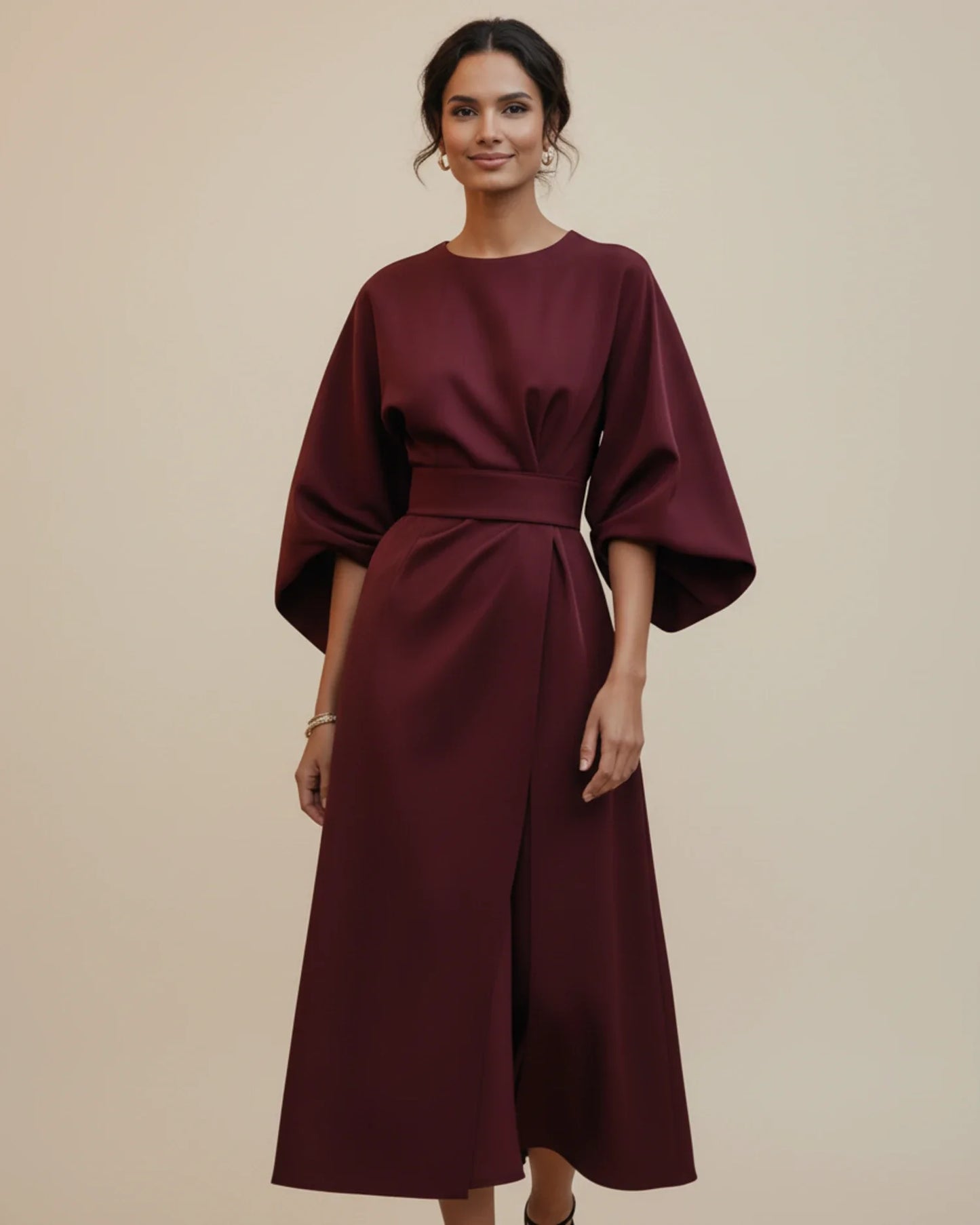 Lantern Sleeves Belted Dress
