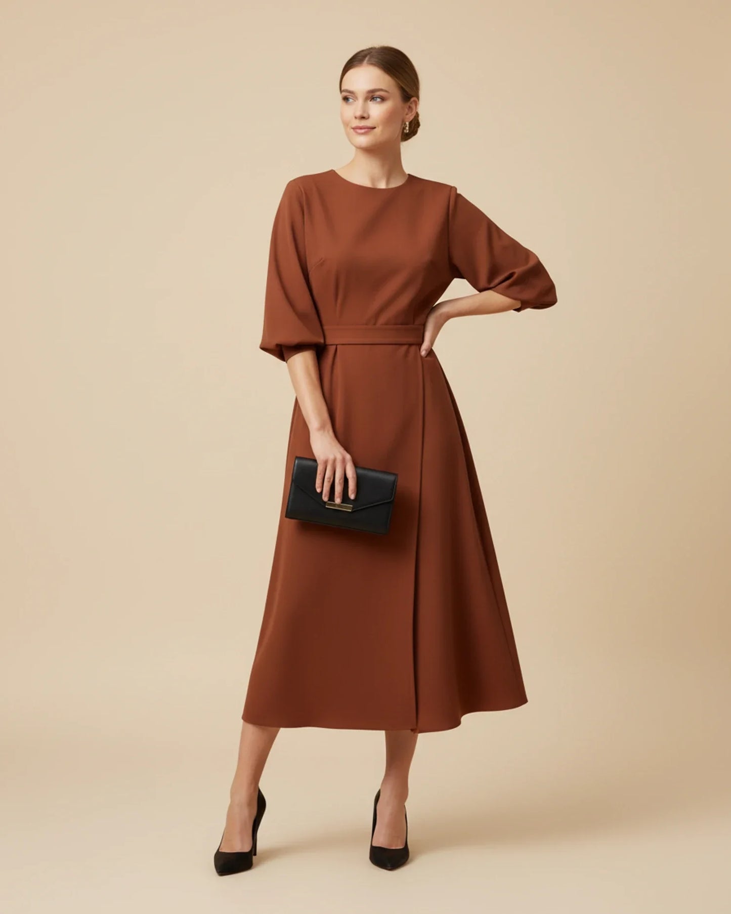 Lantern Sleeves Belted Dress