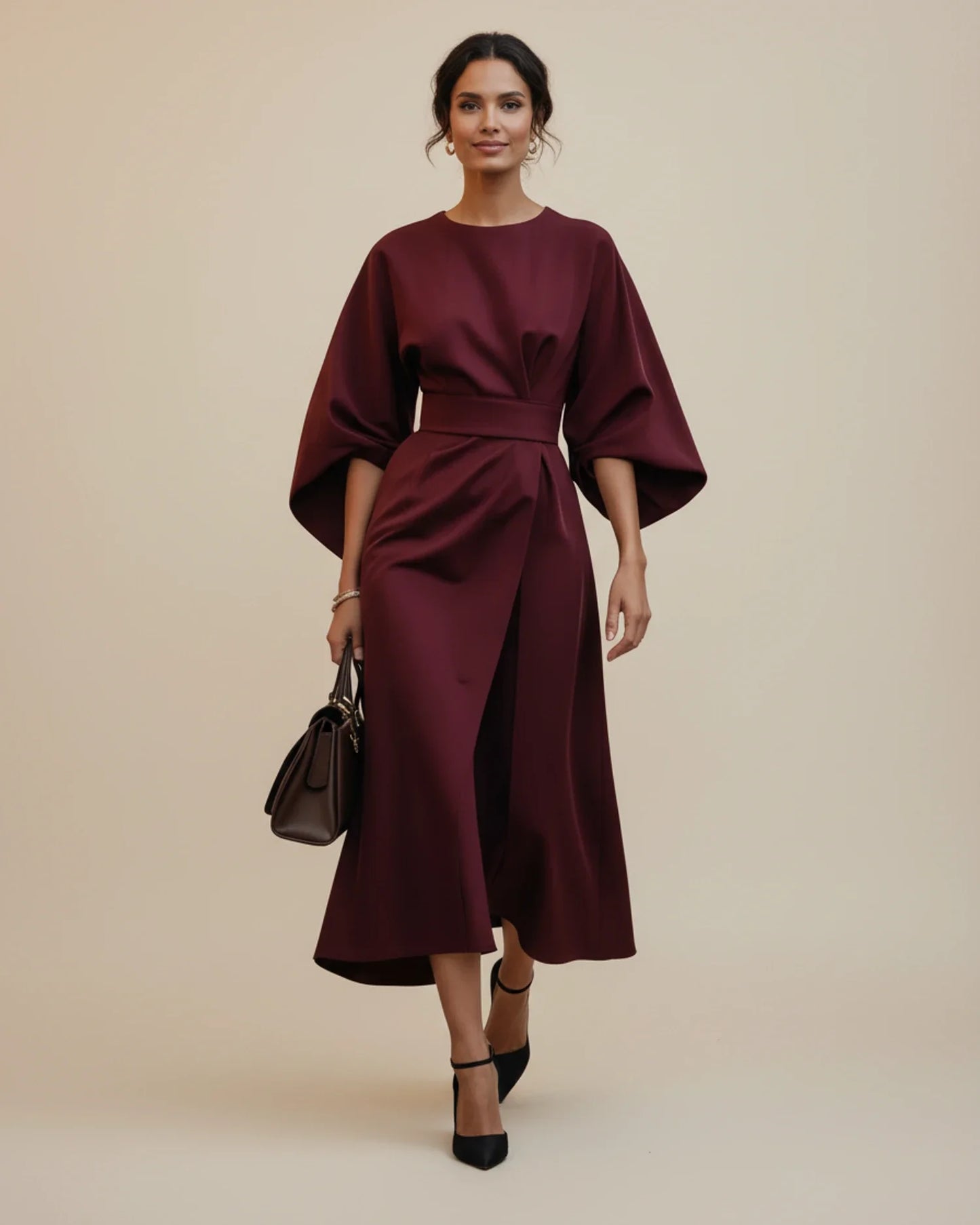 Lantern Sleeves Belted Dress
