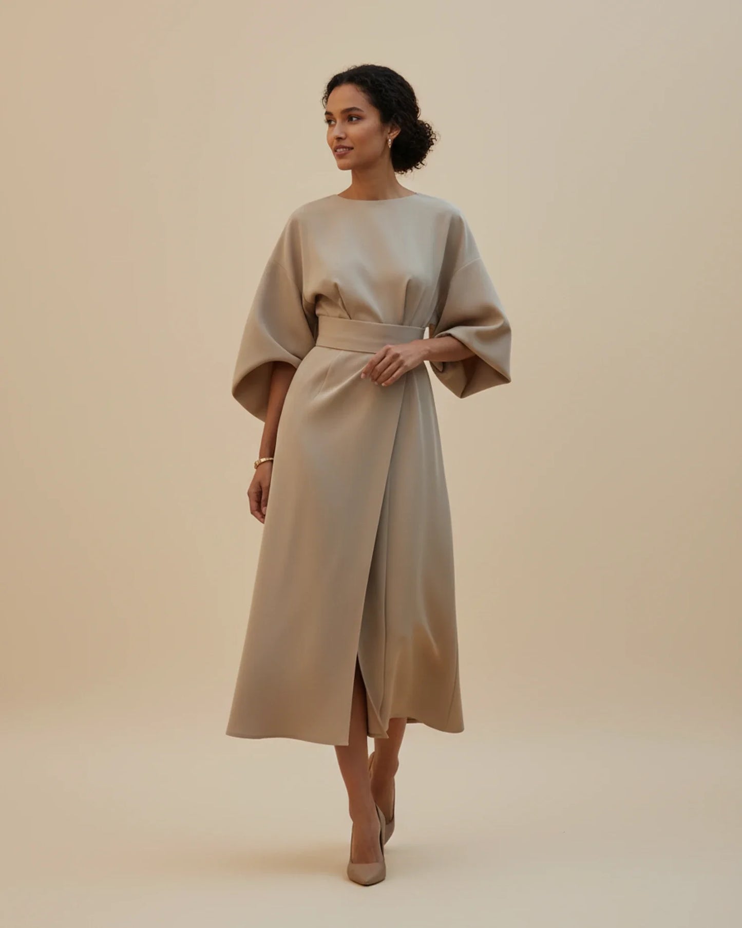 Lantern Sleeves Belted Dress