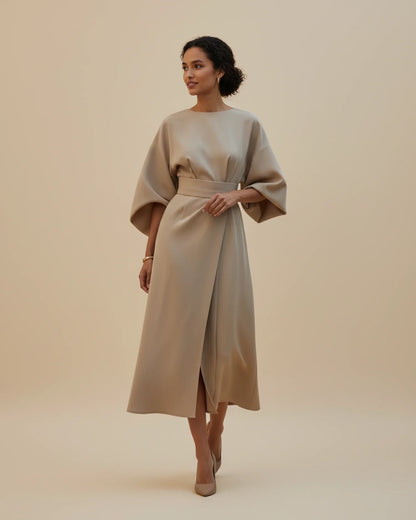 Lantern Sleeves Belted Dress