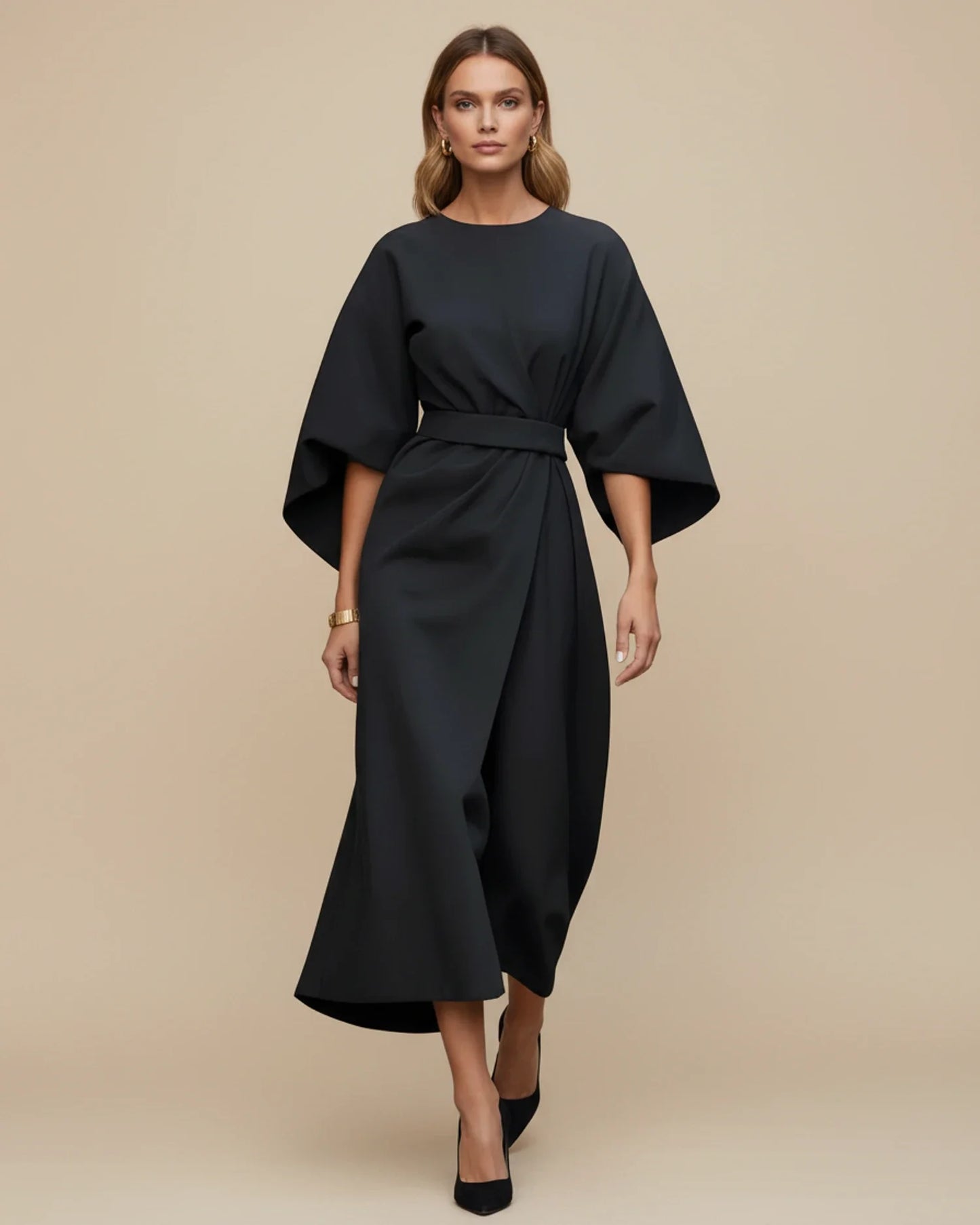 Lantern Sleeves Belted Dress
