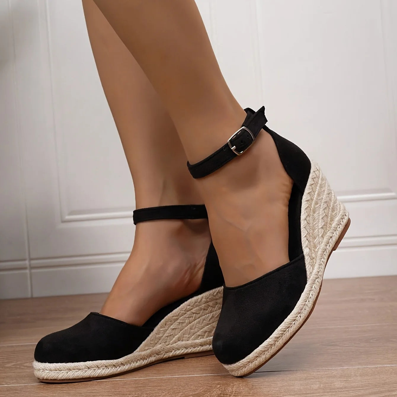 Braided Wedge Ankle Strap Round Toe Heels