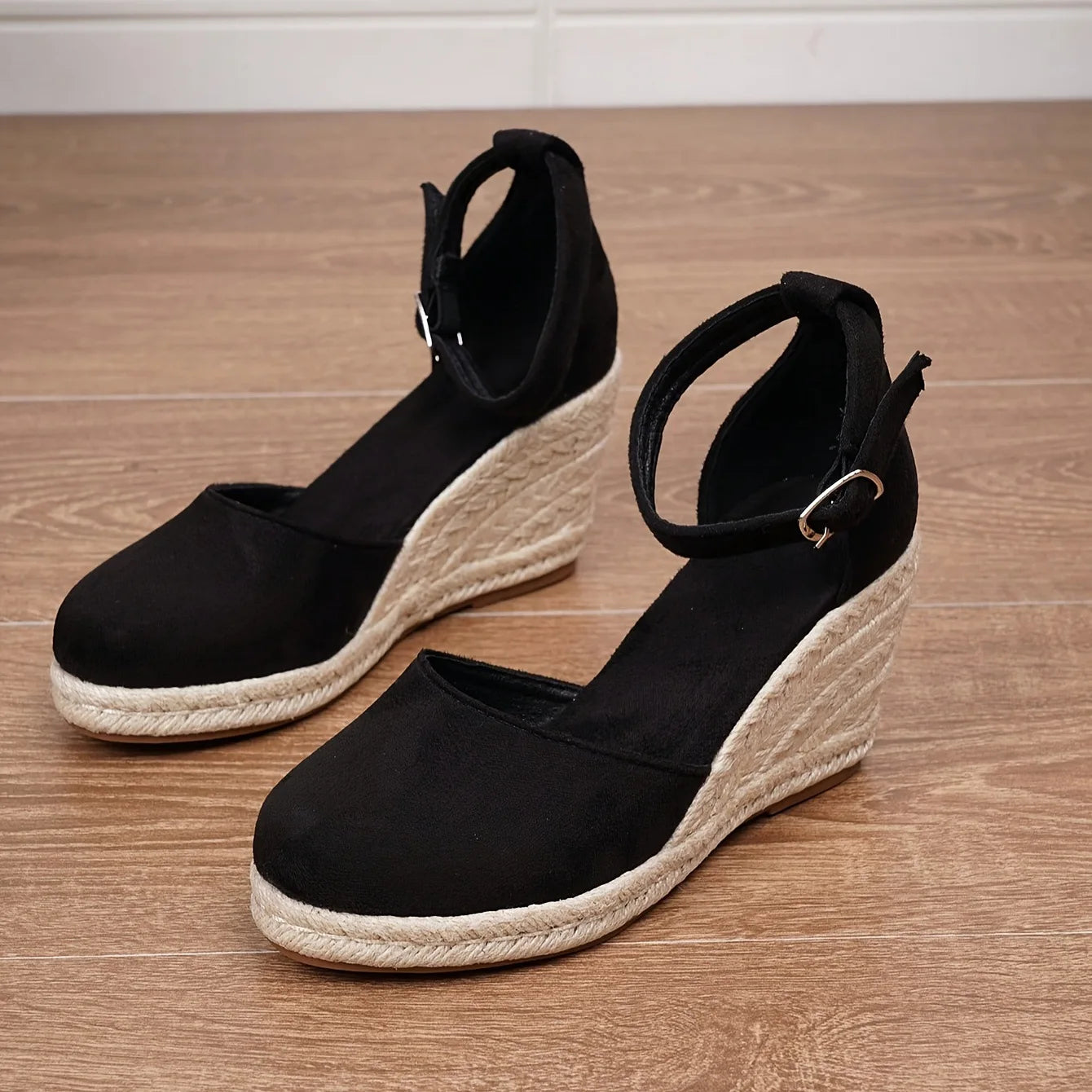 Braided Wedge Ankle Strap Round Toe Heels