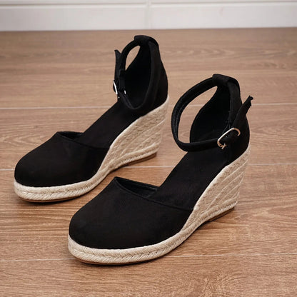 Braided Wedge Ankle Strap Round Toe Heels