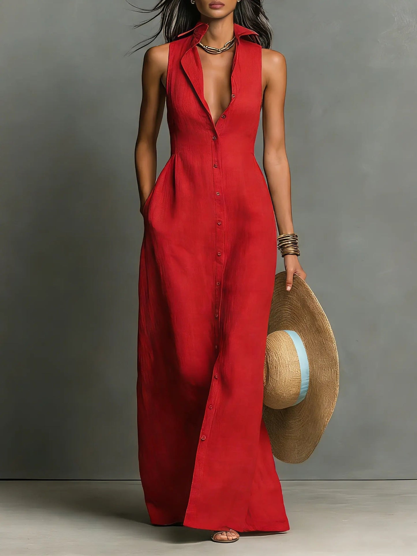 Collared Sleeveless Button-Front Maxi Shirt Dress