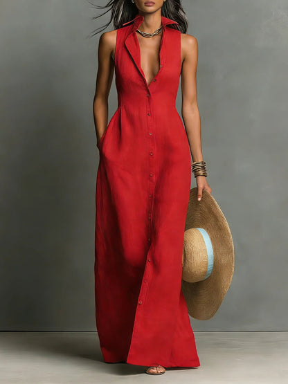Collared Sleeveless Button-Front Maxi Shirt Dress