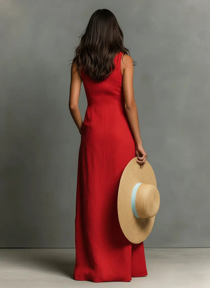 Collared Sleeveless Button-Front Maxi Shirt Dress