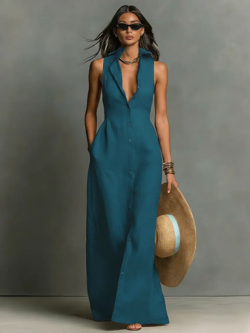 Collared Sleeveless Button-Front Maxi Shirt Dress
