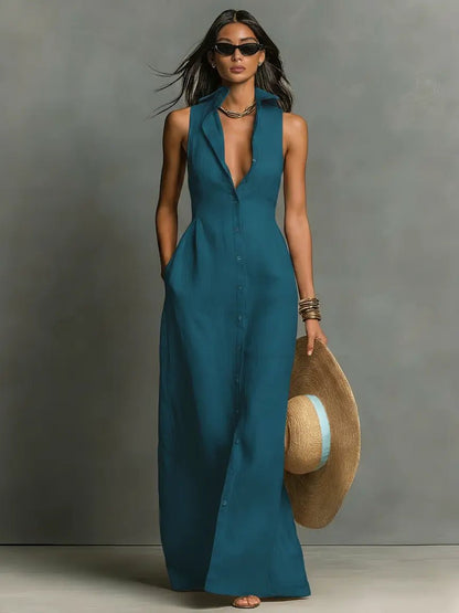 Collared Sleeveless Button-Front Maxi Shirt Dress
