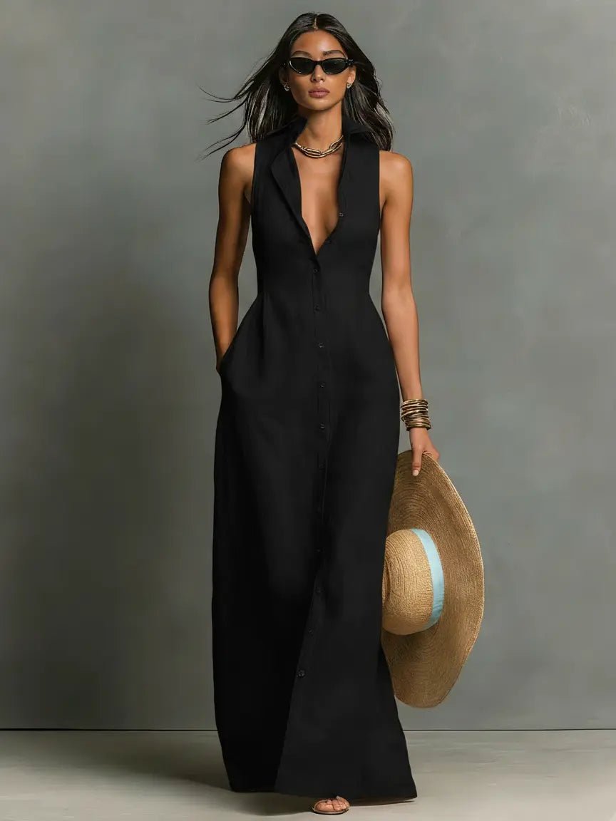 Collared Sleeveless Button-Front Maxi Shirt Dress