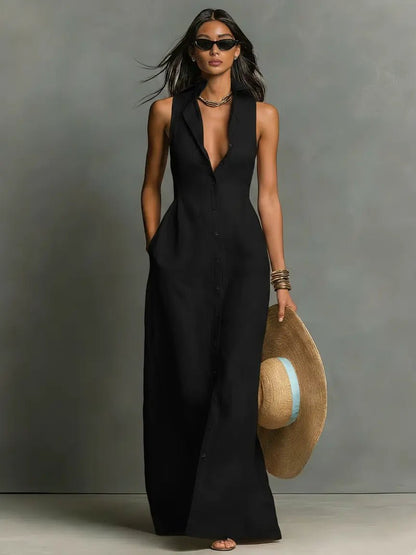 Collared Sleeveless Button-Front Maxi Shirt Dress
