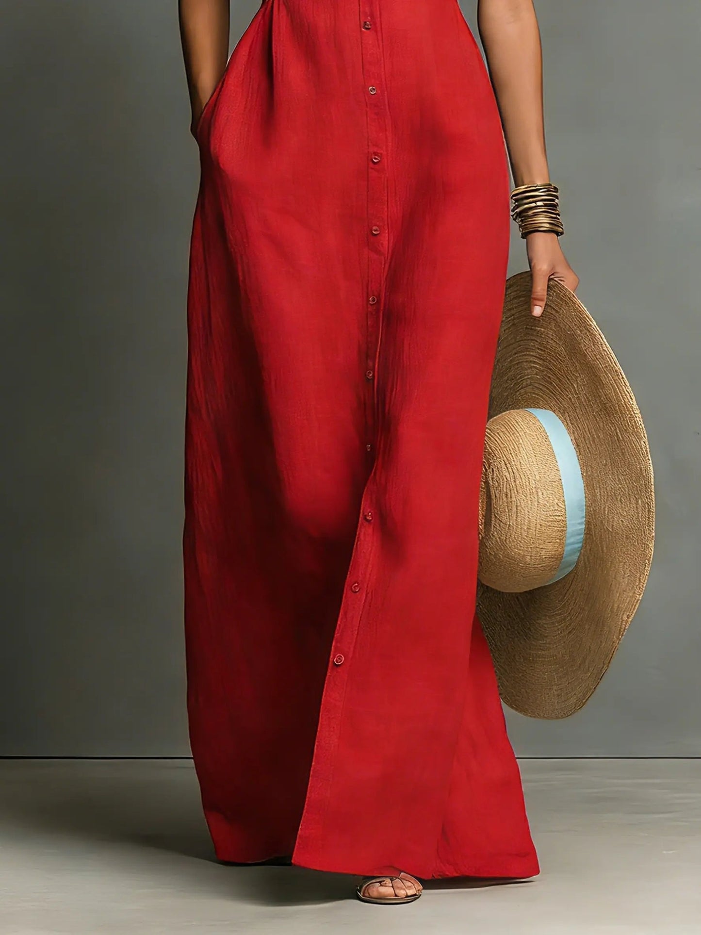 Collared Sleeveless Button-Front Maxi Shirt Dress