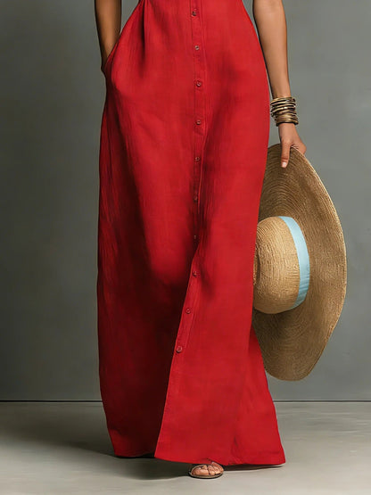 Collared Sleeveless Button-Front Maxi Shirt Dress