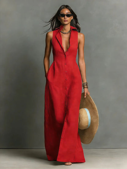 Collared Sleeveless Button-Front Maxi Shirt Dress