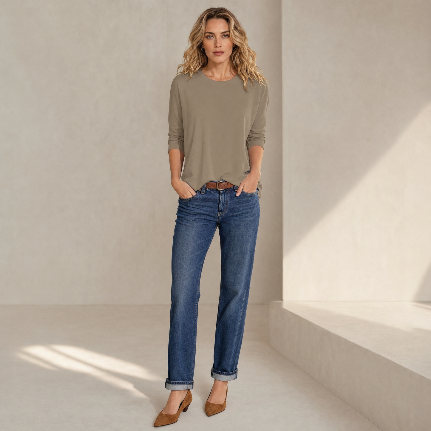 Crew Neck 3/4 Sleeve Relaxed Fit Top