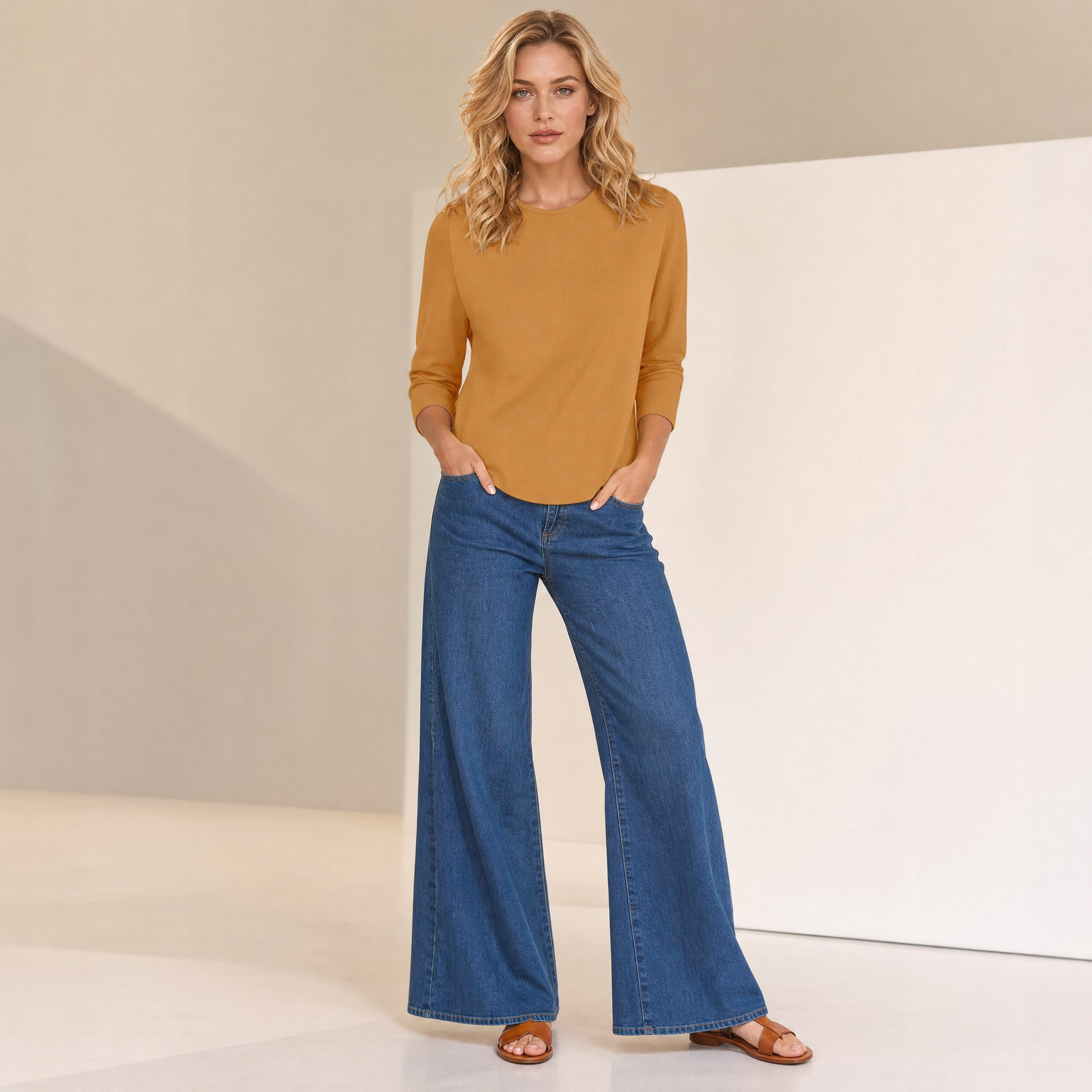 Crew Neck 3/4 Sleeve Relaxed Fit Top