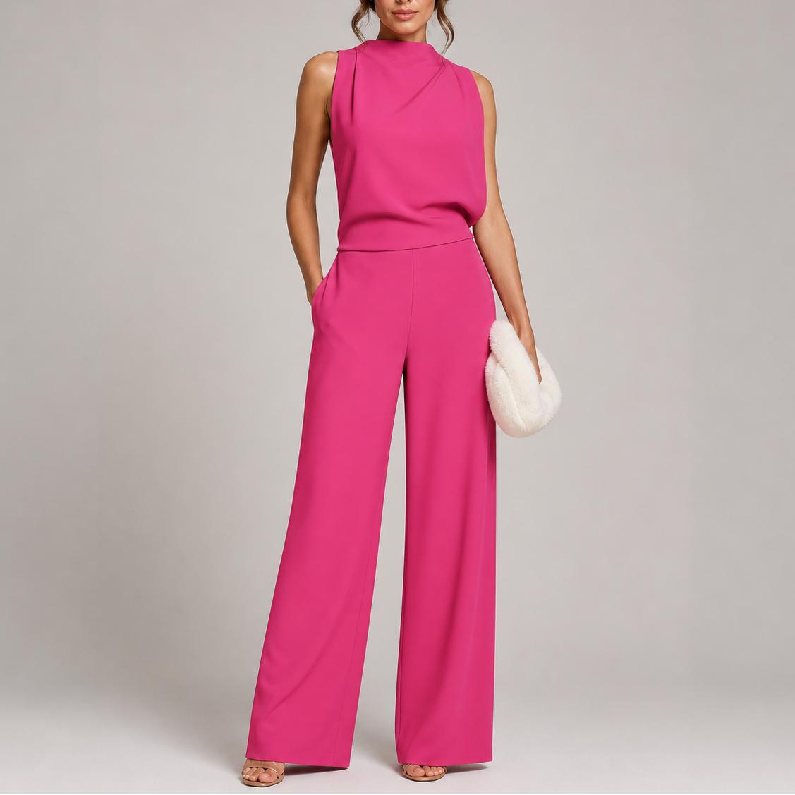 Sleeveless Mock Neck Wide-Leg Formal Jumpsuit