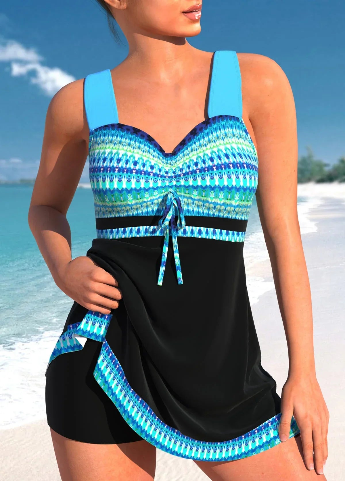 Printed Panel Sleeveless Skirted Swimwear