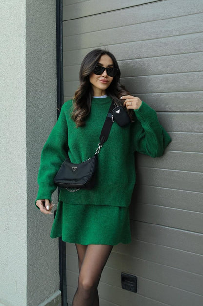 Crew Neck Long Sleeve Sweater and Mini Skirt Set For Women