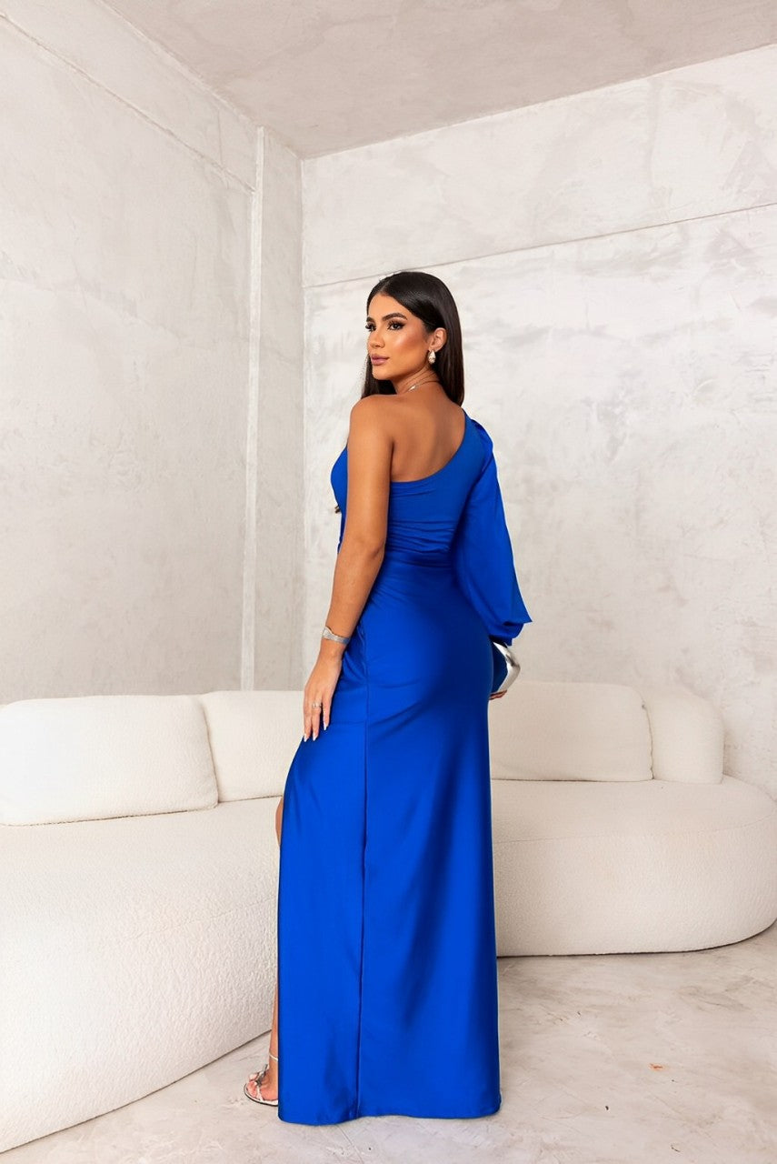 Asymmetrical Draped Twisted Split Sleeved Maxi Dress