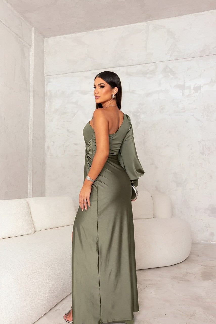 Asymmetrical Draped Twisted Split Sleeved Maxi Dress