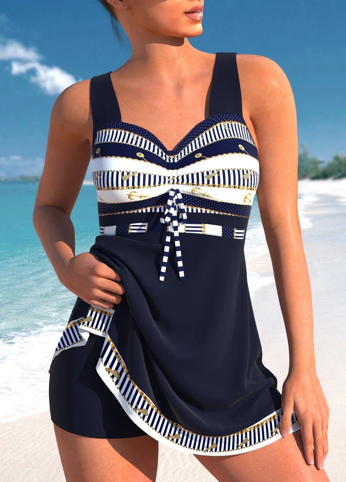 Printed Panel Sleeveless Skirted Swimwear