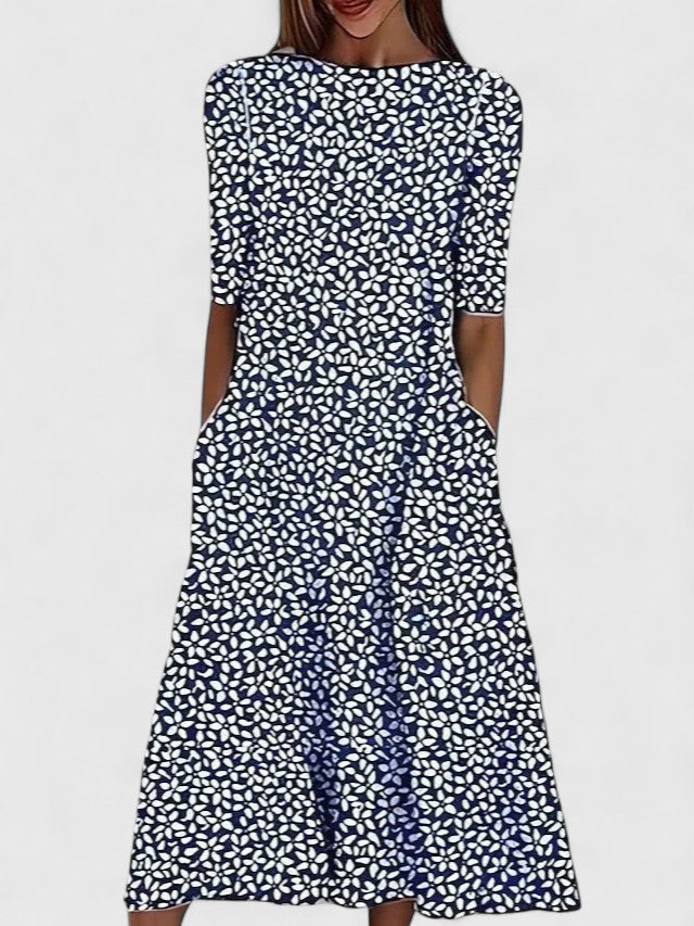 Short Sleeve Crew Neck Botanical Print A Line Dress Midi