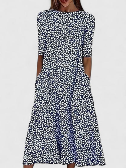 Short Sleeve Crew Neck Botanical Print A Line Dress Midi
